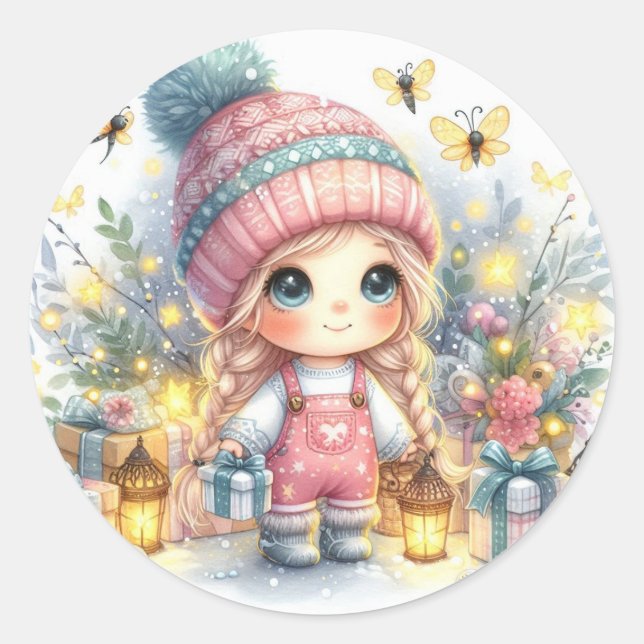 Sticker Rond Fête de Noël mignonne Bébé Fille (Devant)