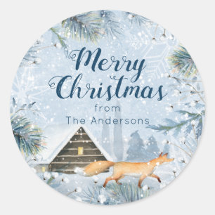 Sticker Rond Fête de Noël Personnalisée du Cabine Winter Fox