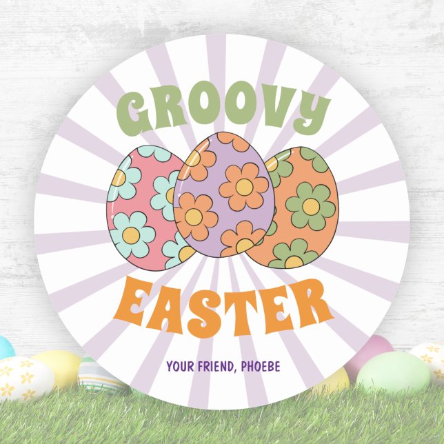 Sticker Rond Fête de Pâques Rétro Violet Mignonne et Groovy (Cute Purple Retro Groovy Easter Party Classic Round Sticker)