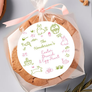 Sticker Rond Fête de Pâques rose et verte : brunch et chasse au