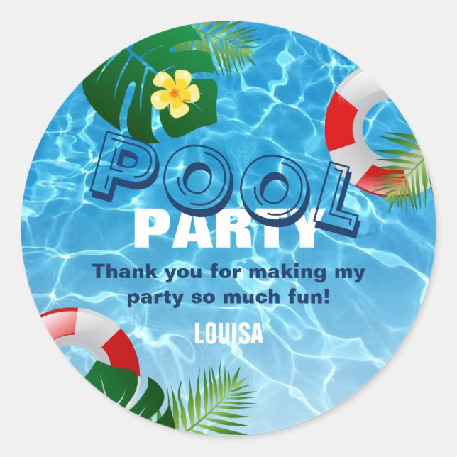 Sticker Rond Fête de Piscine Cool Merci Anniversaire (Devant)