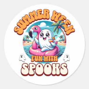Sticker Rond Fête de plage avec flamant rose fantôme mignon de