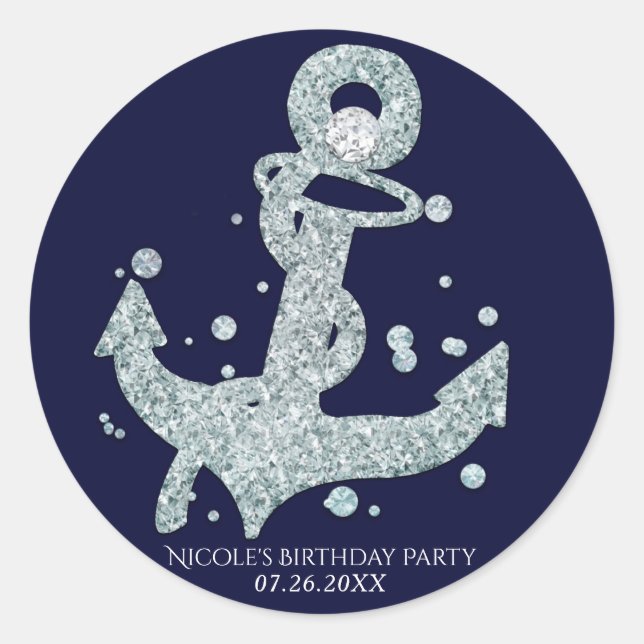 Sticker Rond Fête de plage Bling Glam Ancre Diamant Nautical (Devant)