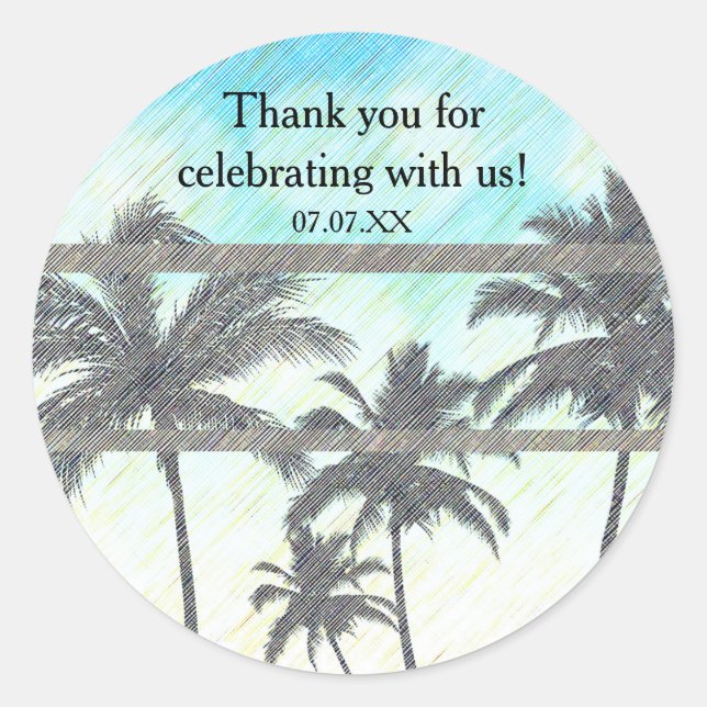 Sticker Rond Fête de plage Palmiers Été tropical (Devant)
