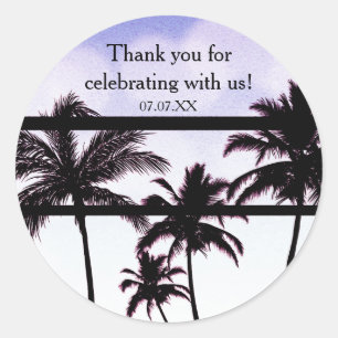 Sticker Rond Fête de plage Palmiers Tropical Violet Glam Favor