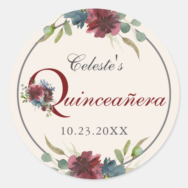 Sticker Rond Fête de Quinceañera aux Fleurs de Bourgogne et Ble (Devant)