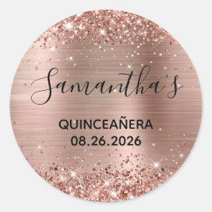 Sticker Rond Fête de Quinceañera avec papier d'aluminium rose d