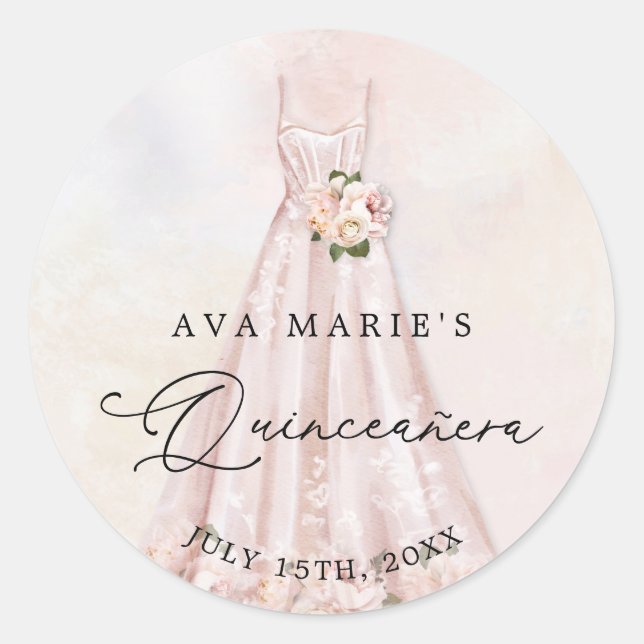 Sticker Rond Fête de Quinceañera Fleurs Roses Anniversaire (Devant)