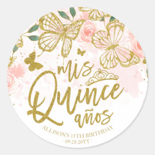 Sticker Rond Fête de Quinceanera Florale Papillon Rose Carmin