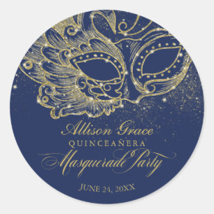 Sticker Rond Fête de Quinceañera Mascarade Or Bleu