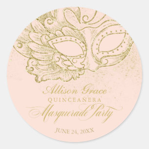 Sticker Rond Fête de Quinceañera Mascarade Or Rose