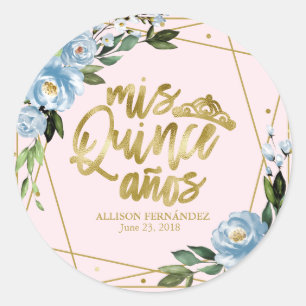 Sticker Rond Fête de Quinceañera Papier Doré Fleurs Roses Bleue