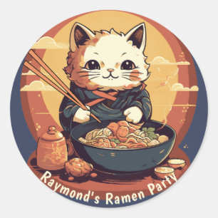Sticker Rond Fête de Ramen fête d'anniversaire avec Anime Cat