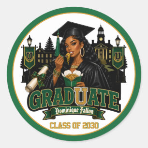 Sticker Rond Fête de remise de diplômes pour fille noire vert o