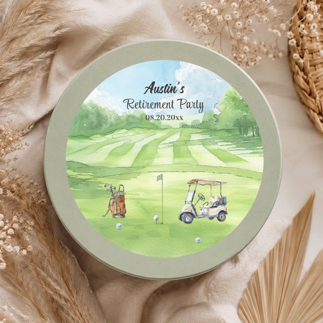Sticker Rond Fête de retraite sur un parcours de golf à l'aquar (Créateur téléchargé)