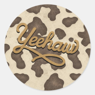 Sticker Rond Fête de Rodéo Country Western Vache Brune Yeehaw