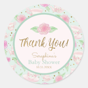 Sticker Rond Fête de thé à la menthe Baby shower Floral Merci