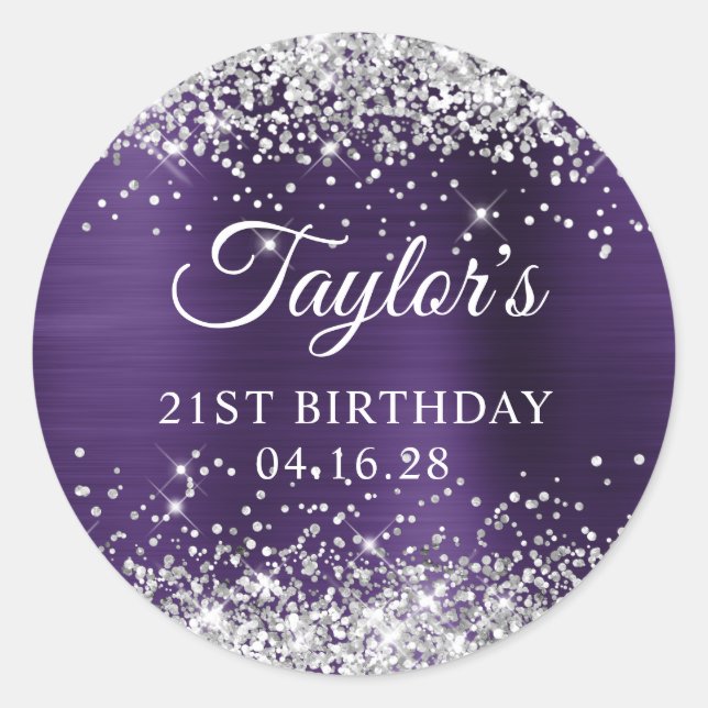 Sticker Rond Fête des 21 ans Violet Foncé Argent Pailleté (Devant)