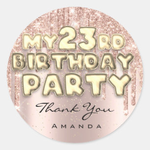 Sticker Rond Fête des 23 ans Merci Glitter Drips Rose
