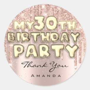 Sticker Rond Fête des 30 ans Merci Nom Paillettes Gouttes Rose