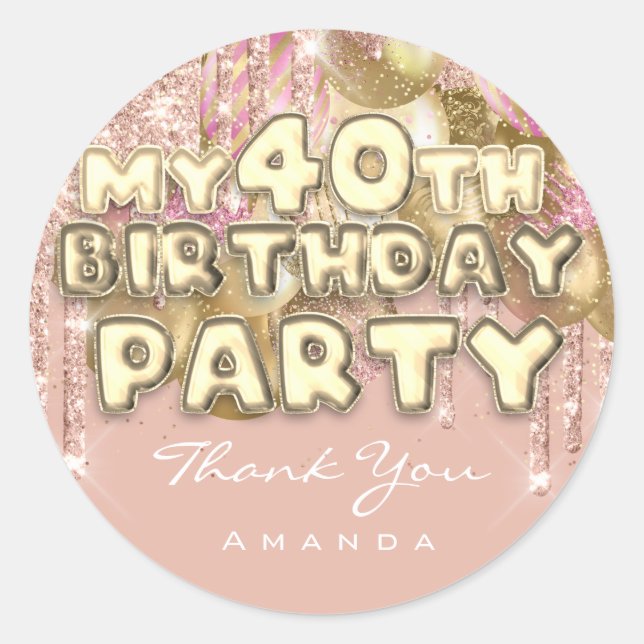Sticker Rond Fête des 40 ans de Nom  PartyGlitter Ballon Or (Devant)