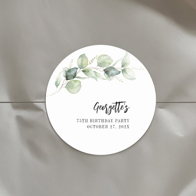 Sticker Rond Fête des 75 ans - Décoration végétale de feuillage (Eucalyptus Greenery Watercolor 75th Birthday Classic Round Sticker)
