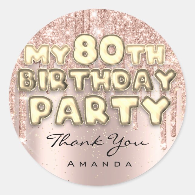 Sticker Rond Fête des 80 ans de Nom Paillettes de Rose (Devant)