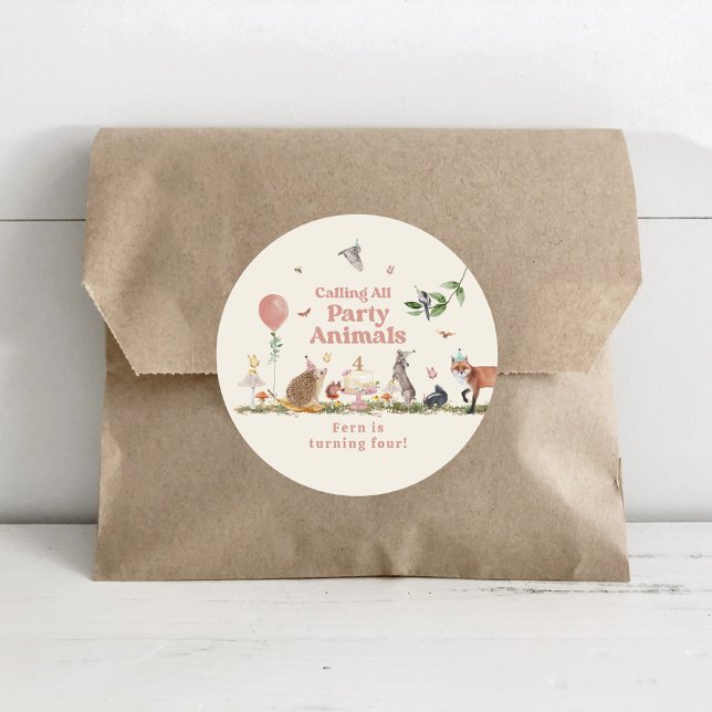 Sticker Rond Fête des bois Animaux rose fête d'anniversaire (Créateur téléchargé)