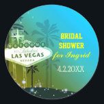 Sticker Rond Fête des mariées Cyan Blue Las Vegas<br><div class="desc">Panneau mignon Las Vegas, silhouettes de palmier, étoiles scintillantes et arrière - plan bleu cyan illustré sur les Autocollants d'Invitation Douche nuptiale personnalisés. (Vous pouvez trouver les essentiels et les faveurs mariages correspondants dans ce magasin, le paradis nuptial. Contactez ujean4791@gmail.com pour un travail personnalisé et/ou la coordination de la papeterie...</div>