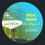 Sticker Rond Fête des mariées Cyan Blue Las Vegas<br><div class="desc">Panneau mignon Las Vegas, silhouettes de palmier, étoiles scintillantes et arrière - plan bleu cyan illustré sur les Autocollants d'Invitation Douche nuptiale personnalisés. (Vous pouvez trouver les essentiels et les faveurs mariages correspondants dans ce magasin, le paradis nuptial. Contactez ujean4791@gmail.com pour un travail personnalisé et/ou la coordination de la papeterie...</div>