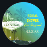 Sticker Rond Fête des mariées Cyan Blue Las Vegas<br><div class="desc">Panneau mignon Las Vegas, silhouettes de palmier, étoiles scintillantes et arrière - plan bleu cyan illustré sur les Autocollants d'Invitation Douche nuptiale personnalisés. (Vous pouvez trouver les essentiels et les faveurs mariages correspondants dans ce magasin, le paradis nuptial. Contactez ujean4791@gmail.com pour un travail personnalisé et/ou la coordination de la papeterie...</div>