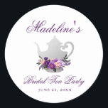 Sticker Rond Fête des mariées de Tea Party violet<br><div class="desc">Tea Party Fête des mariées Aquarelle violet Ultra violet Stick floral</div>