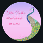 Sticker Rond Fête des mariées Elegant Peacock thème<br><div class="desc">Elégant Peacock Thème Fête des mariées sticker rose et bleu couleur arrière - plan textes customisés #peace #élégant #feminine #bridalshower #pinkandblue #background color #Peacocktheme</div>