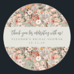 Sticker Rond Fête des mariées Floral Rustique Boho Merci person<br><div class="desc">Sage rustique Vert et Taupe Fête des mariées Floral Boho Custom Merci Stickers</div>