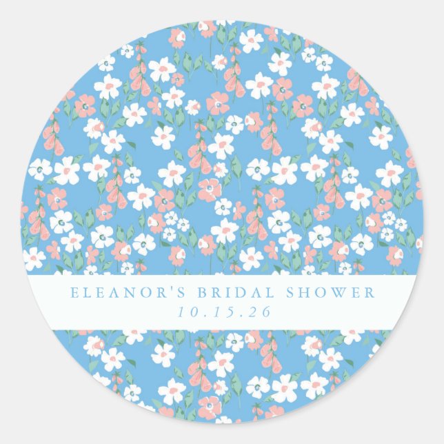 Sticker Rond Fête des mariées Florale Retro Boho Blue Ditsy (Devant)