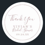Sticker Rond Fête des mariées minimaliste de Merci Rose or Favo<br><div class="desc">Ces autocollants minimalistes en or rose vous remercient de la douche nuptiale sont parfaits pour un simple wedding shower. Le design romantique moderne est composé d'or rose classique et de typographie blanche associée à une calligraphie rustique mais élégante avec un style vintage lettré à la main. Personnalisable dans n'importe quelle...</div>