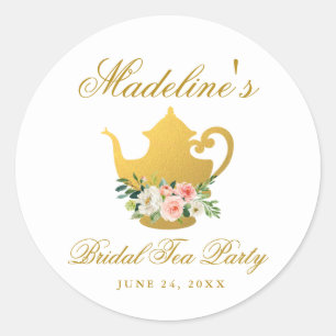 Sticker Rond Fête des mariées Tea Party rose Floral or petit