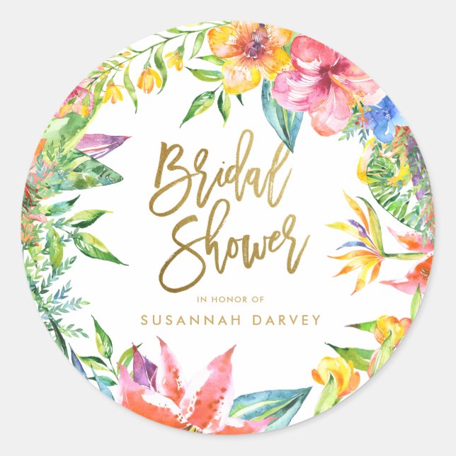 Sticker Rond Fête des mariées | Tropical Watercolor Gold Script (Devant)