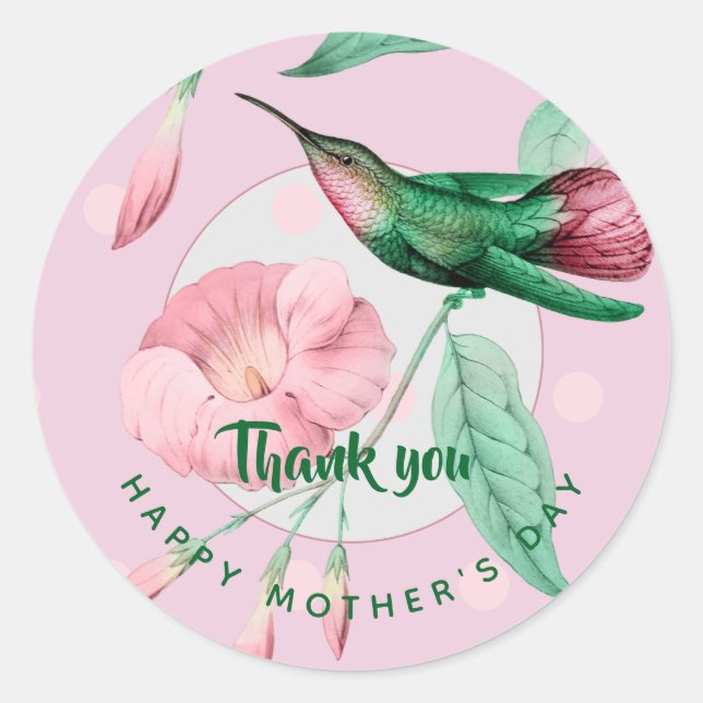 Sticker Rond Fête des Mères Colibri rose Mint Floral Cadeau (Devant)