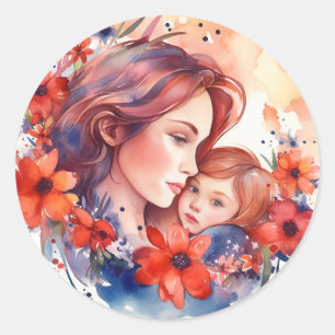 Sticker Rond Fête des mères de maman Belle femme Mère avec enfa