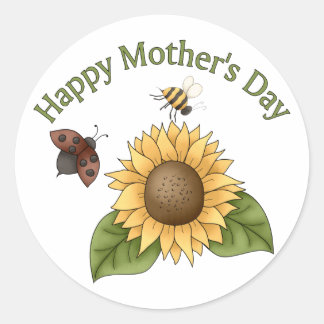 Sticker Rond Fête des mères heureuse tournesol, papillon, abeil