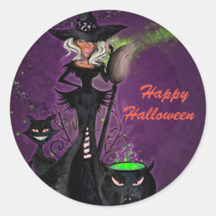 Sticker Rond Fête d'Halloween Sorcière Glam en Noir Vert Violet