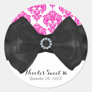 Sticker Rond Fête Douce 16 Glamour Noir & Blanc Damassé