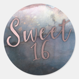 Sticker Rond Fête Douce 16 Moderne Aquarelle Rose Gold & Bleu