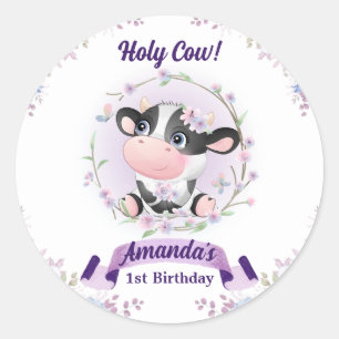 Sticker Rond Fête du 1er Anniversaire Fleurie Vache Sacrée
