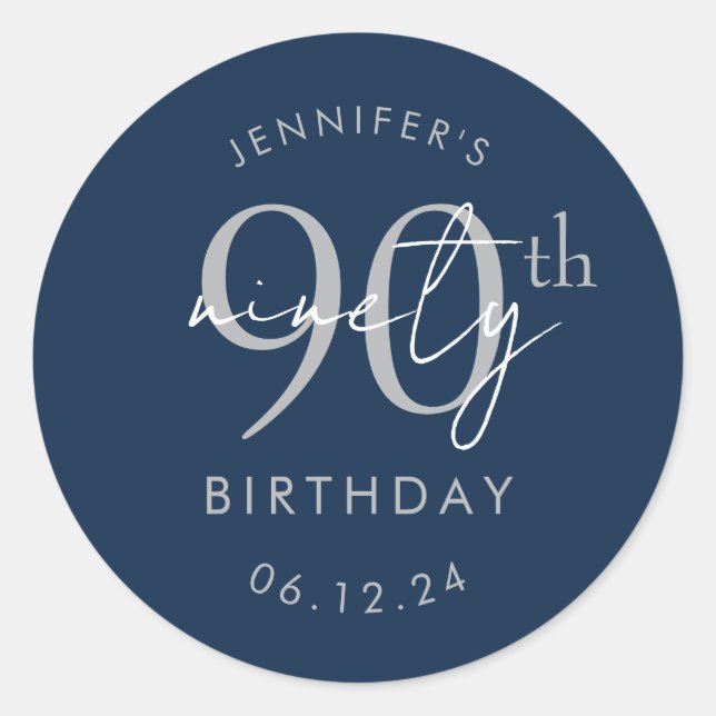 Sticker Rond Fête du 90e anniversaire Navy Blue écriture modern (Devant)