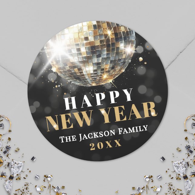 Sticker Rond Fête du Nouvel An en Or (Black Gold New Year's Eve Party Classic Round Sticker)