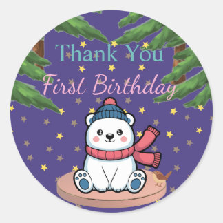 Sticker Rond Fête du premier anniversaire de l'ours mignon 