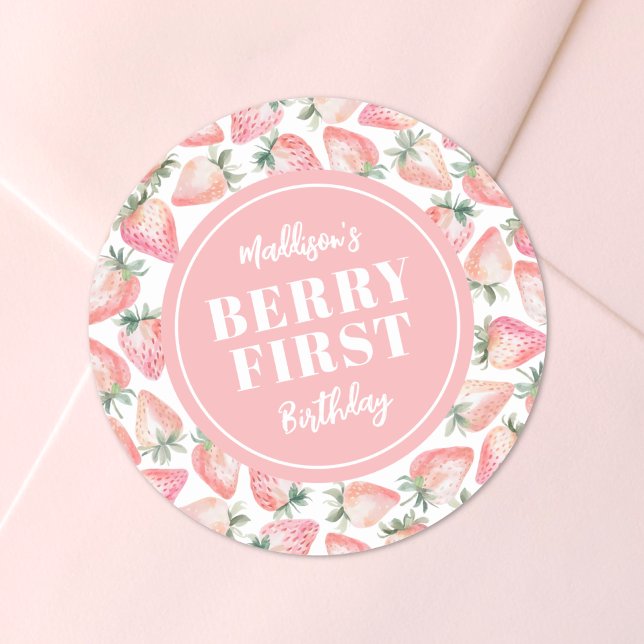 Sticker Rond Fête du premier anniversaire Fraise Tagada (Strawberry Berry First 1st Birthday Party Classic Round Sticker )