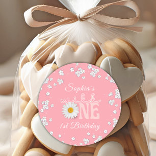 Sticker Rond Fête du premier anniversaire Pink Daisy Wild One